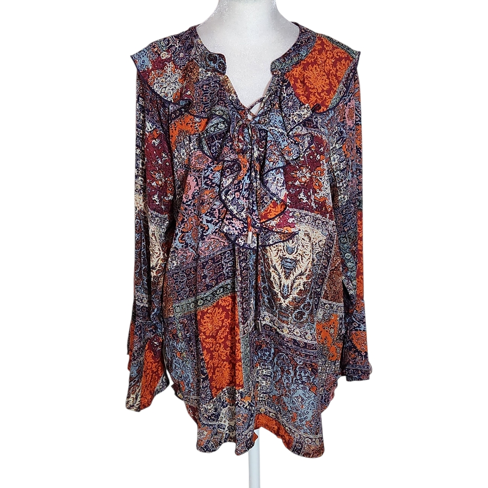 New Directions Multicolor Paisley Boho Blouse with Ruffle Accent Size Large Boho